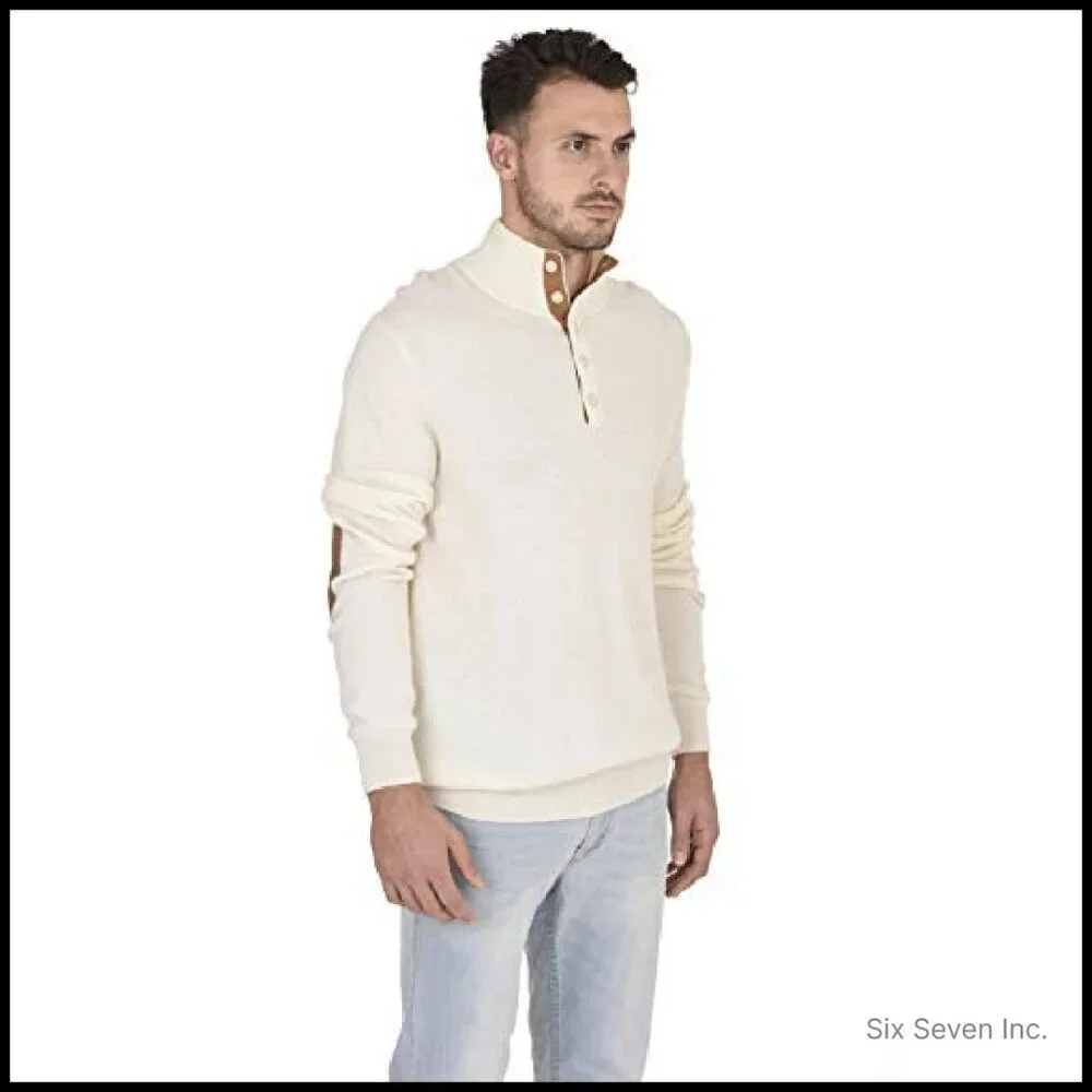 Men's Cashmere Mockneck Pullover Button Up Polo Neck Sweater Classic Elegant